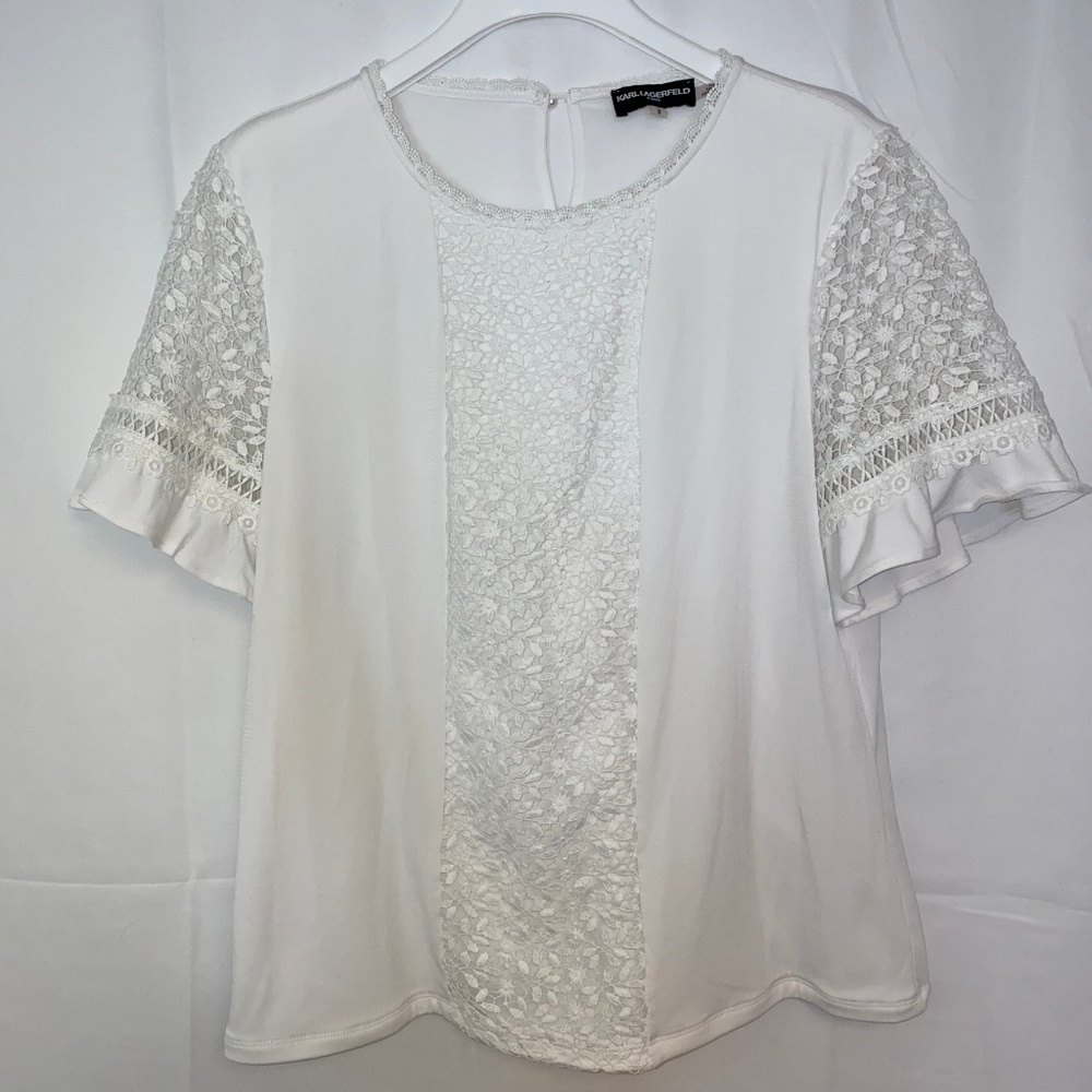 Karl Lagerfeld White Floral Lace Shirt Large